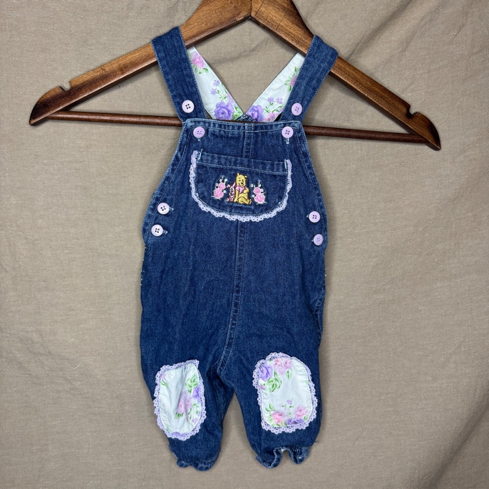 Disney Winnie the Pooh Vintage Denim Overalls Floral Lace 3-6M 90s Patches